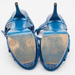 Pre Owned Saint Laurent Blue/Black Embossed Snakeskin Tribute Sandals Size 39.5
