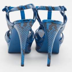Pre Owned Saint Laurent Blue/Black Embossed Snakeskin Tribute Sandals Size 39.5