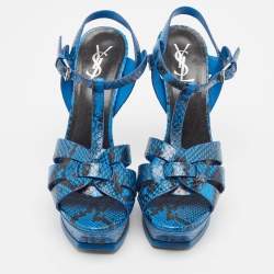 Pre Owned Saint Laurent Blue/Black Embossed Snakeskin Tribute Sandals Size 39.5