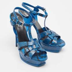 Pre Owned Saint Laurent Blue/Black Embossed Snakeskin Tribute Sandals Size 39.5