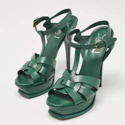 Saint Laurent Green Leather Tribute Platform Sandals Size 37.5