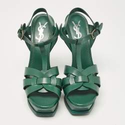 Saint Laurent Green Leather Tribute Platform Sandals Size 37.5