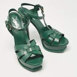 Saint Laurent Green Leather Tribute Platform Sandals Size 37.5