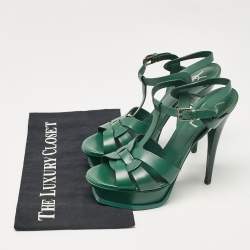 Saint Laurent Green Leather Tribute Platform Sandals Size 37.5