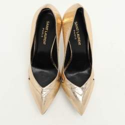 Pre Owned Saint Laurent Gold Lizard Embossed Leather Platform Pumps Size 39