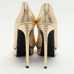 Pre Owned Saint Laurent Gold Lizard Embossed Leather Platform Pumps Size 39
