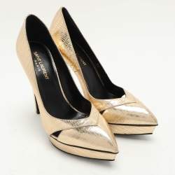 Pre Owned Saint Laurent Gold Lizard Embossed Leather Platform Pumps Size 39
