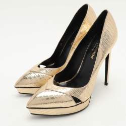 Pre Owned Saint Laurent Gold Lizard Embossed Leather Platform Pumps Size 39