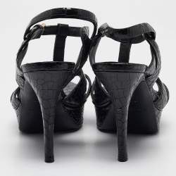 Pre Owned Saint Laurent Black Embossed Croc Tribute Sandals Size 38