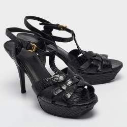 Pre Owned Saint Laurent Black Embossed Croc Tribute Sandals Size 38