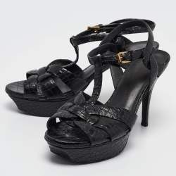 Pre Owned Saint Laurent Black Embossed Croc Tribute Sandals Size 38