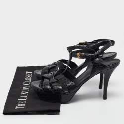 Pre Owned Saint Laurent Black Embossed Croc Tribute Sandals Size 38
