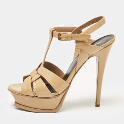 Saint Laurent Beige Patent Leather Tribute Sandals Size 37.5