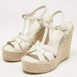 Pre Owned Saint Laurent White Leather Tribute Wedge Sandals Size 39