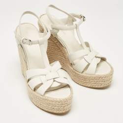 Pre Owned Saint Laurent White Leather Tribute Wedge Sandals Size 39