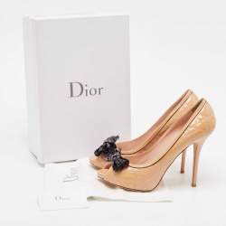 Dior Beige Cannage Patent Leather Bow Peep Toe Pumps Size 41