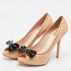 Dior Beige Cannage Patent Leather Bow Peep Toe Pumps Size 41
