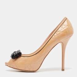 Dior Beige Cannage Patent Leather Bow Peep Toe Pumps Size 41