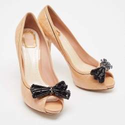 Dior Beige Cannage Patent Leather Bow Peep Toe Pumps Size 41