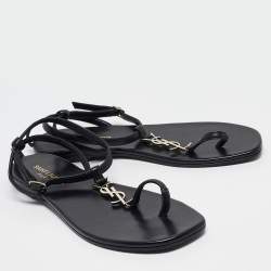 Saint Laurent Black Leather Monogram T Strap Flats Size 36.5