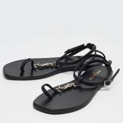Saint Laurent Black Leather Monogram T Strap Flats Size 36.5