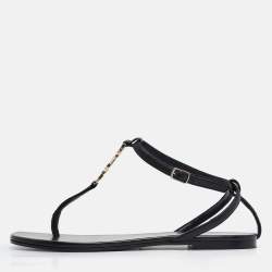 Saint Laurent Black Leather Monogram T Strap Flats Size 36.5