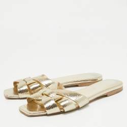 Pre Owned Saint Laurent Gold Leather Tribute Slide Flats Size 36