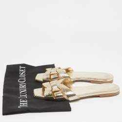 Pre Owned Saint Laurent Gold Leather Tribute Slide Flats Size 36