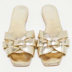 Pre Owned Saint Laurent Gold Leather Tribute Slide Flats Size 36
