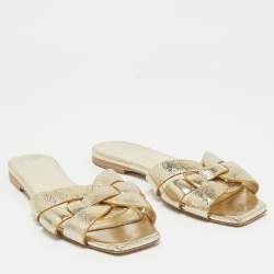 Pre Owned Saint Laurent Gold Leather Tribute Slide Flats Size 36