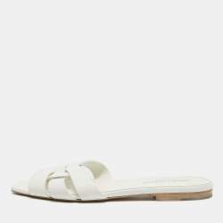 Saint Laurent White Leather Tribute Flat Slides Size 36