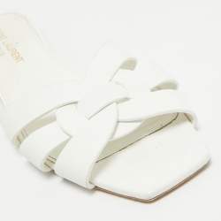 Saint Laurent White Leather Tribute Flat Slides Size 36