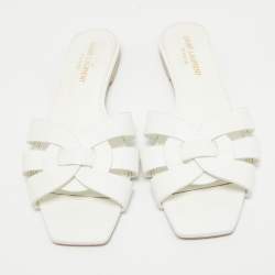 Saint Laurent White Leather Tribute Flat Slides Size 36
