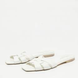 Saint Laurent White Leather Tribute Flat Slides Size 36