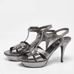 Saint Laurent Grey Lizard Embossed Leather Tribute Platform Sandals Size 40