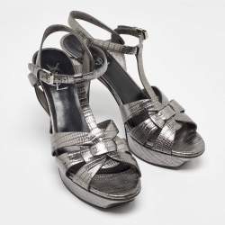 Saint Laurent Grey Lizard Embossed Leather Tribute Platform Sandals Size 40