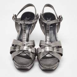 Saint Laurent Grey Lizard Embossed Leather Tribute Platform Sandals Size 40