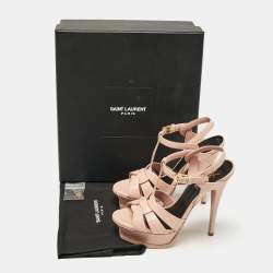 Saint Laurent Paris Beige Lizard Embossed Leather Tribute Platform Sandals Size 36.5