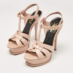 Saint Laurent Paris Beige Lizard Embossed Leather Tribute Platform Sandals Size 36.5