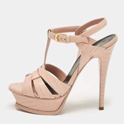 Saint Laurent Paris Beige Lizard Embossed Leather Tribute Platform Sandals Size 36.5