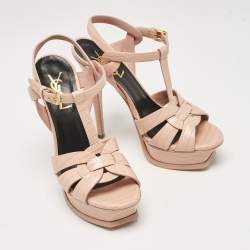 Saint Laurent Paris Beige Lizard Embossed Leather Tribute Platform Sandals Size 36.5