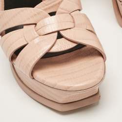 Saint Laurent Paris Beige Lizard Embossed Leather Tribute Platform Sandals Size 36.5
