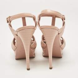Saint Laurent Paris Beige Lizard Embossed Leather Tribute Platform Sandals Size 36.5