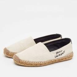 Saint Laurent Off White Canvas Logo Espadrille Flats Size 36.5