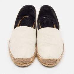 Saint Laurent Off White Canvas Logo Espadrille Flats Size 36.5