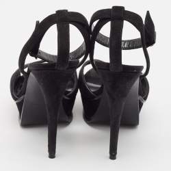 Saint Laurent Black Suede Ankle Strap Platform Sandals Size 37.5