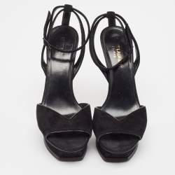 Saint Laurent Black Suede Ankle Strap Platform Sandals Size 37.5