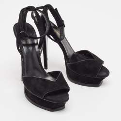 Saint Laurent Black Suede Ankle Strap Platform Sandals Size 37.5