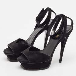 Saint Laurent Black Suede Ankle Strap Platform Sandals Size 37.5