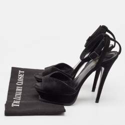 Saint Laurent Black Suede Ankle Strap Platform Sandals Size 37.5